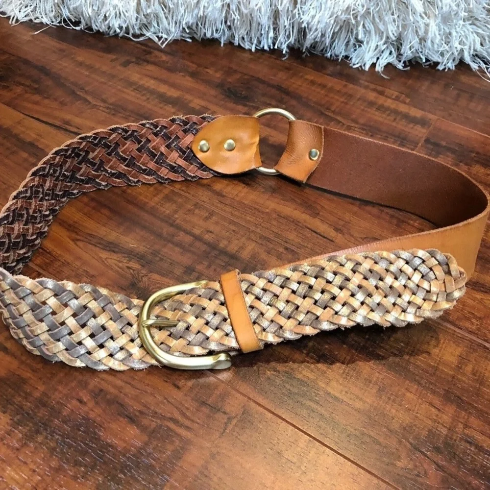 Vintage BOHO BRAIDED Tan Leather Brass Belt M